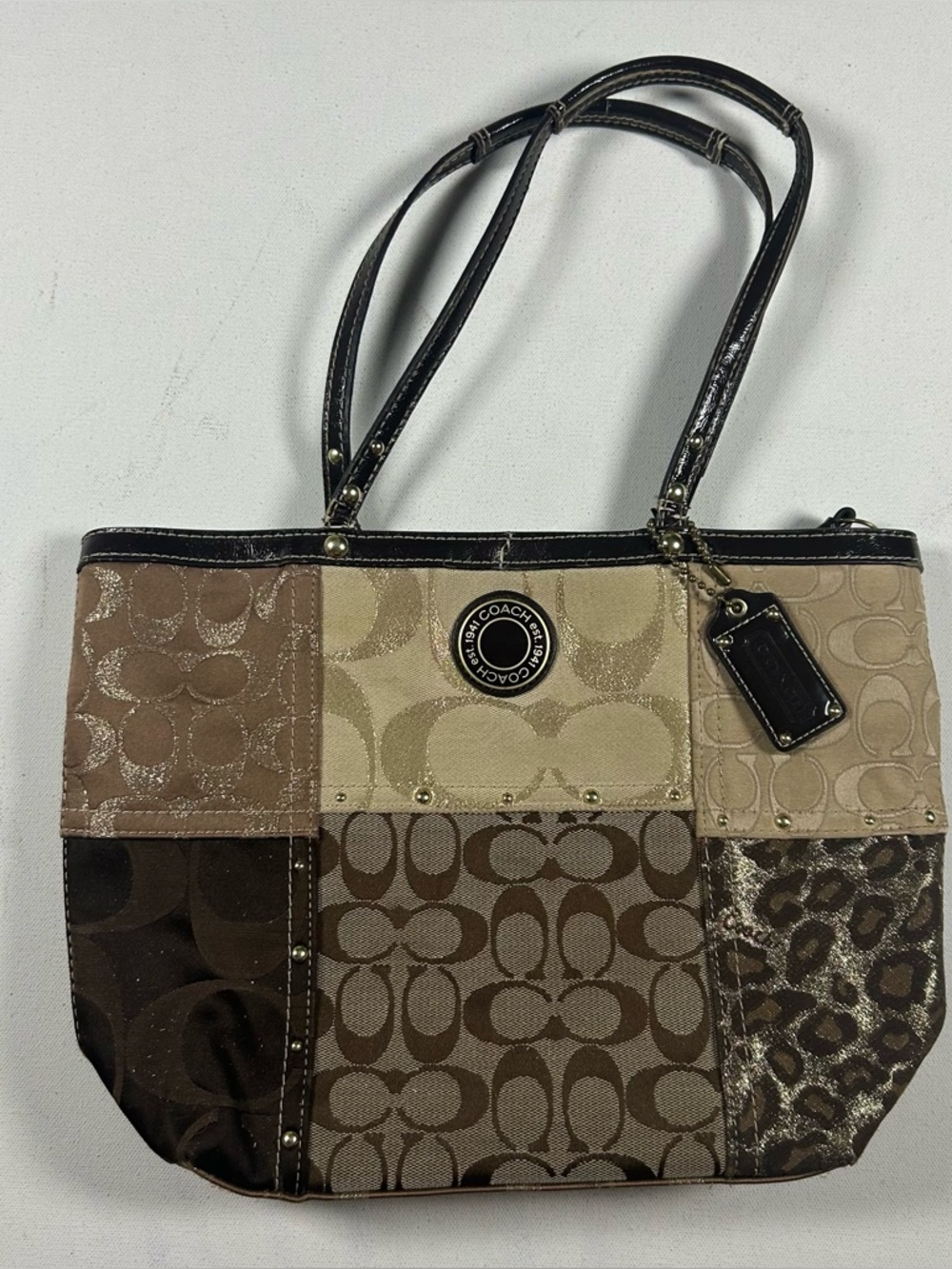 Coach Signature Patchwork Tote Brown Beige Canvas Zip Top F20075